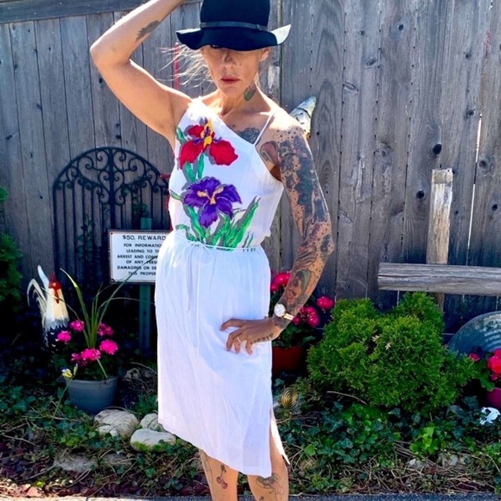 VINTAGE 1970’s disco dress glitter orchids side slit blouson Studio 54